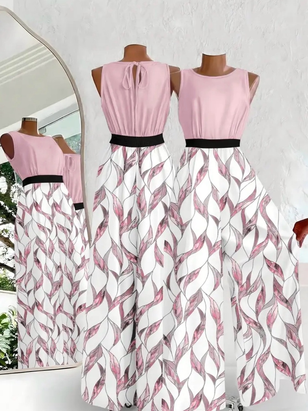 Sleeveless Pink & White Printed Maxi Dress with Black Waistband